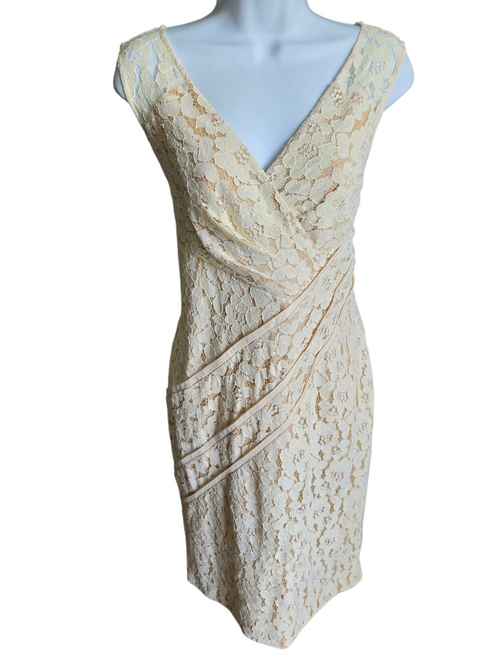 Cenia New York Cream Lace Sheath Dress with Nude Lining - Size 8